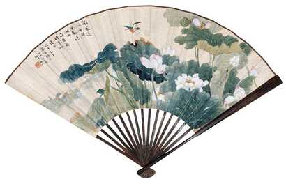 陆抑非 1947年作 荷塘翠鸟 成扇
